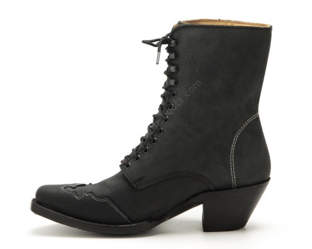 Take back French can-can style buying these Stars & Stripes black greased leather laced ankle boots for women with a purple flower embroidery.