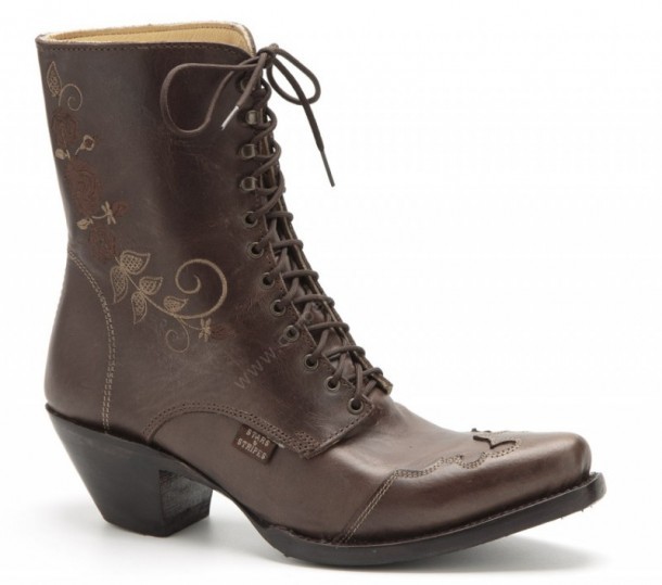 Take back French can-can style buying these Stars & Stripes brown greased leather laced ankle boots for women with a beige flower embroidery.
