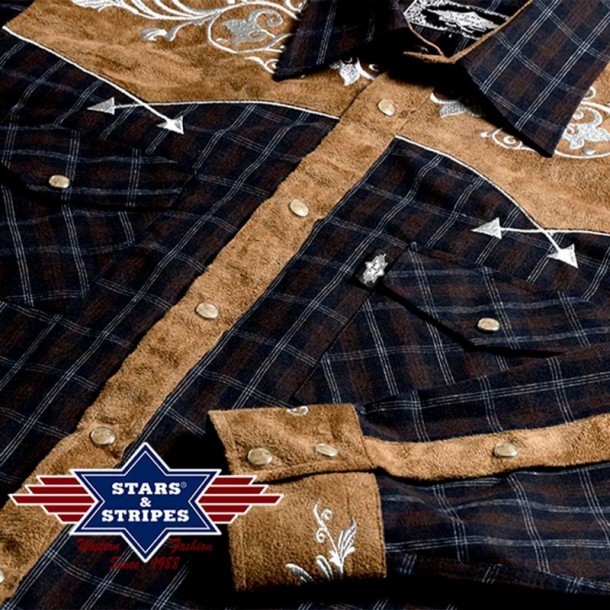 Cowboy shirt for men with brown squares and white embroidery
