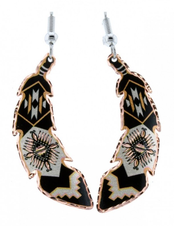 Cowgirl black scalloped feather earrings with Native American mosaic