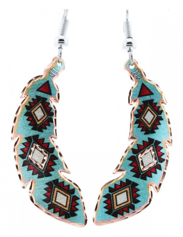 Turquoise scalloped feather copper earrings with Navajo mosaic
