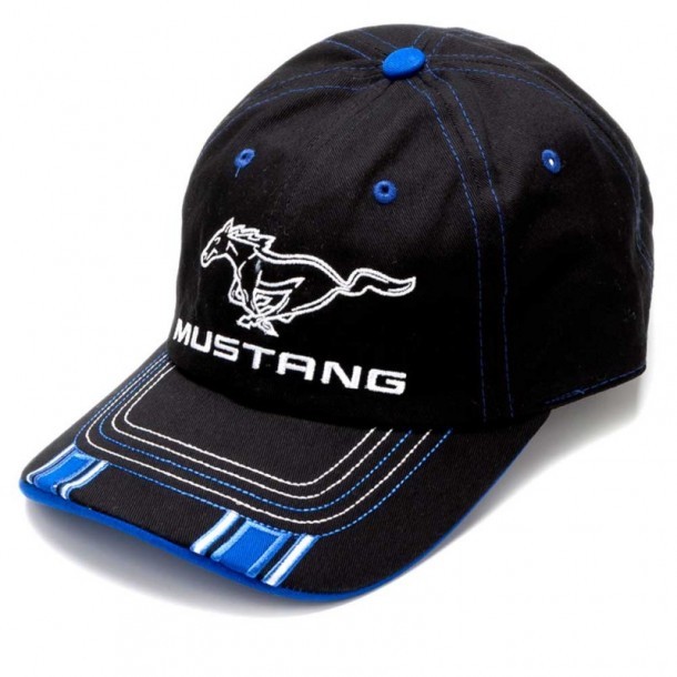 Black and blue classic cap with embroidered white Mustang logo(