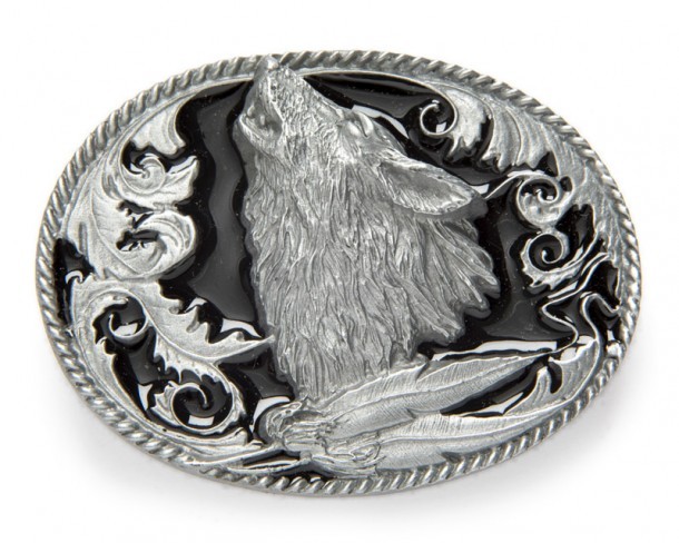 Howling wolf and feathers black background vintage western belt buckle