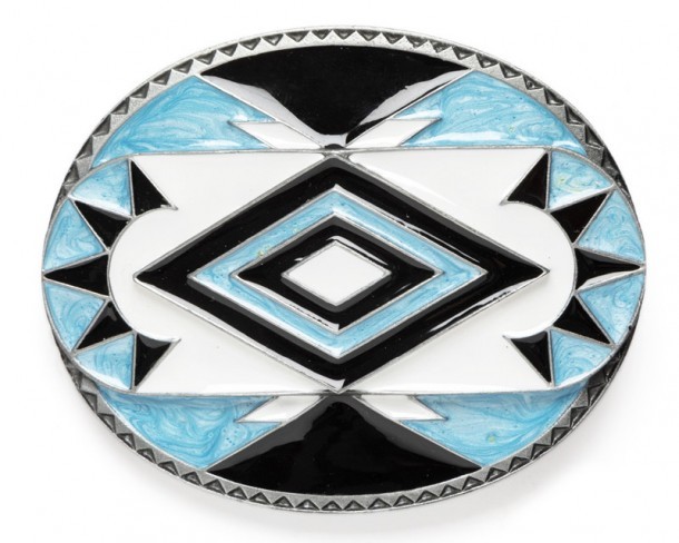 Blue, white and black Native American tribal mosaic unisex cowboy belt buckle