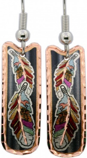 Solid copper Southwestern earrings with drawn feathers