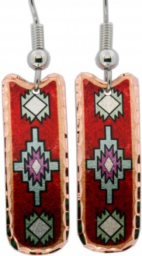 Cowgirl copper-made earrings with red background & American mosaic