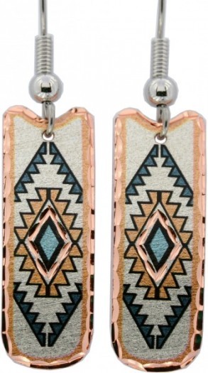 Solid copper Southwestern earrings with mosaic blue rhombus