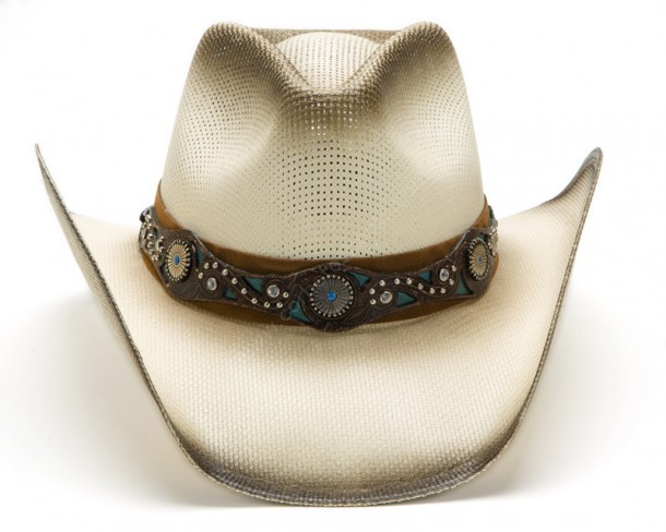 Fretted crown fashion cowgirl hat with blue turquoise background