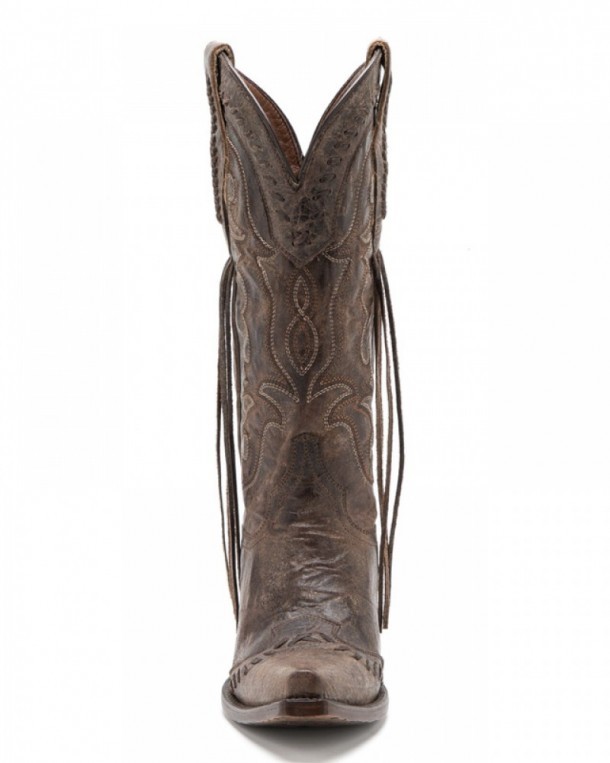 Botas western mexicanas de cuero envejecido marrón con trenzados y flecos laterales