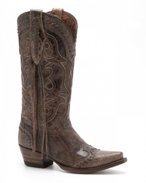 Ladies mexican western crackled brown leather boots with braids and side fringes