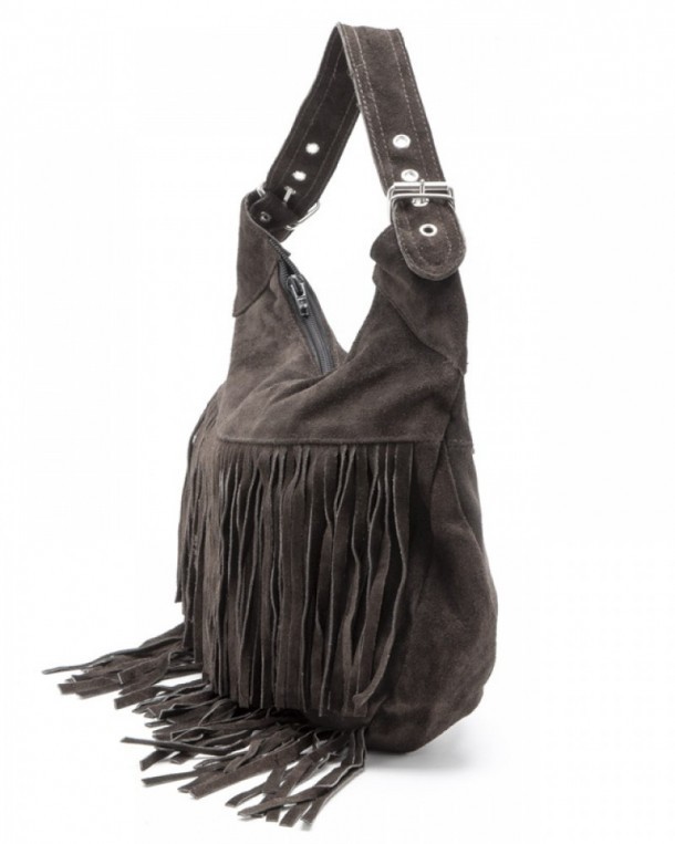 Dark brown suede handbag with fringes