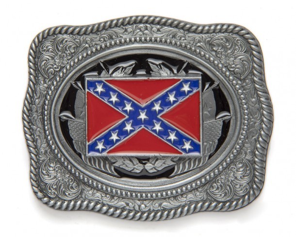 Small coloured Confederate flag belt buckle with engraved edges