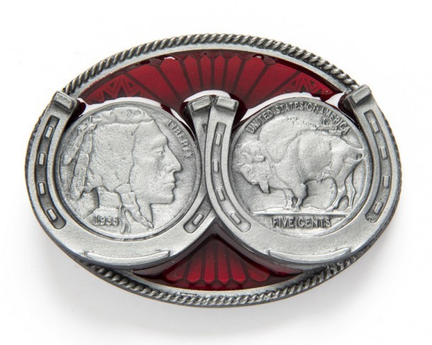 Red enameled belt buckle with bison and Native American chief American coin