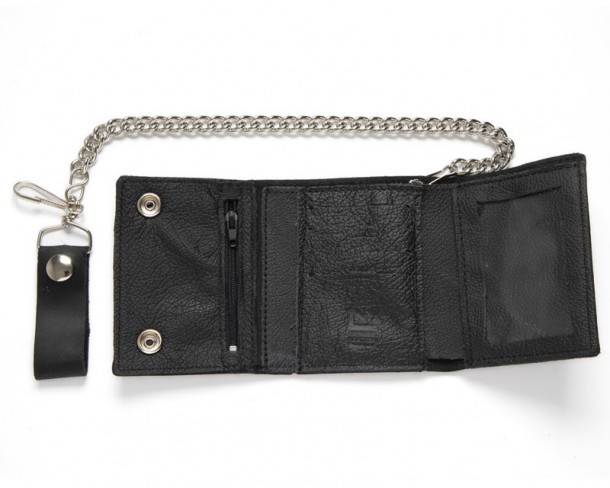 Black leather small size basic trifold chain wallet with zipper