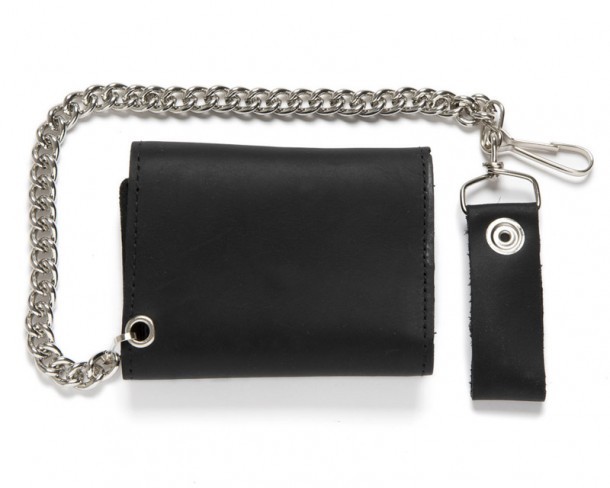 Black leather small size basic trifold chain wallet with zipper