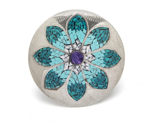 Handmade western belt buckle with hand cutted natural turquoise, amethyst and white coral