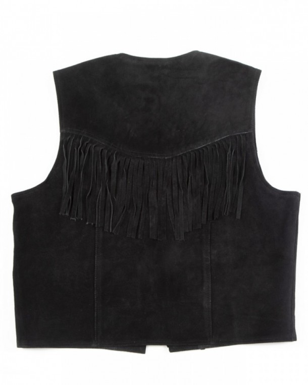 Mens open western black suede vest with fringes