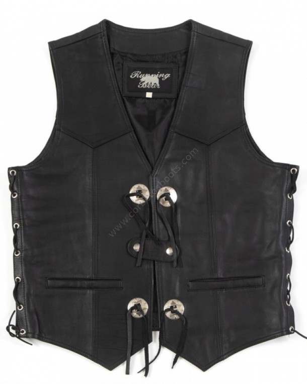 Mens open black vest with snap-on button leather fastener