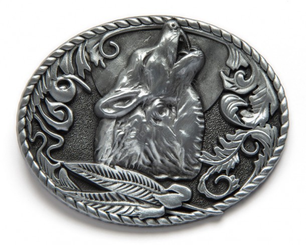 Howling wolf with feathers western belt buckle