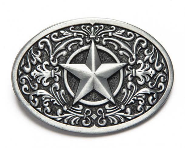 Matt distressed silver look western buckle with cowboy star and engraved filigrees