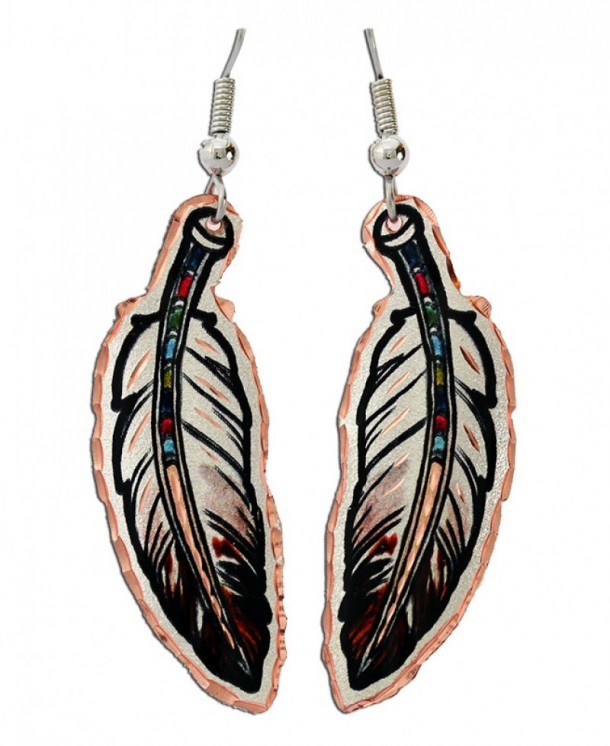 Copper made drawn feather earrings with coloured rachis