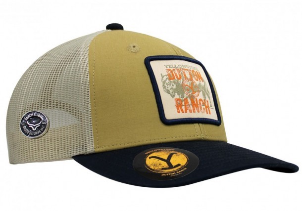 Sand-coloured Yellowstone cap for men and women with Dutton Ranch patch decorated with the image of an American bison.