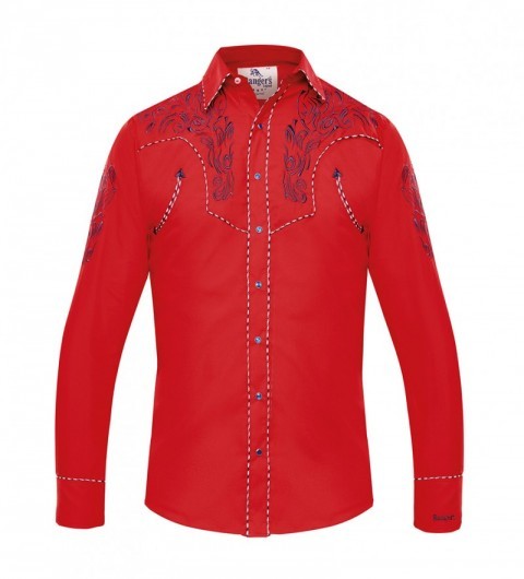 Camisa vaquera roja con bordados azules estilo charro para hombre