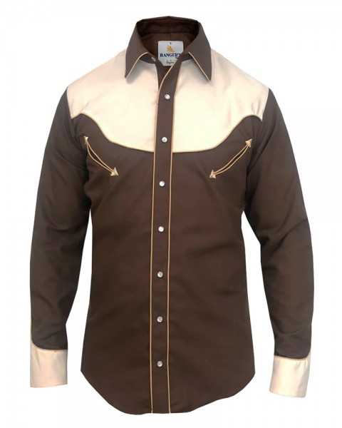 Rocker style dark brown and beige mens shirt with cowboy yoke