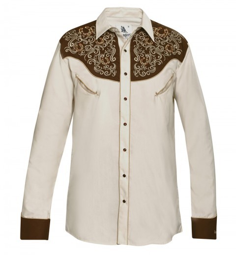 Camisa western vintage para hombre color beige con bordado mexicano y herraduras