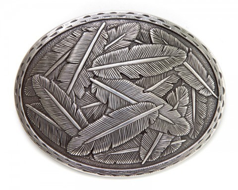 Engraved scattered feathers Nocona western oval silver metal belt buckle