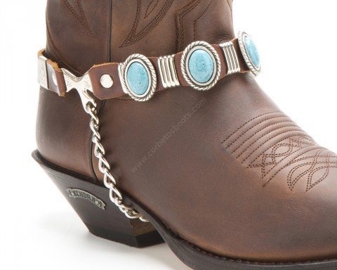 Brown leather cowboy boot straps with oval turquoise stones