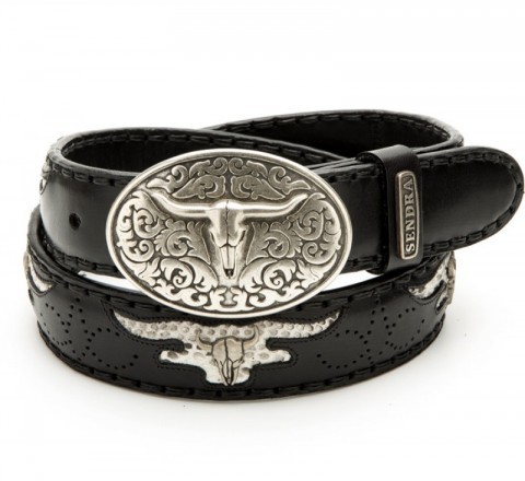 Black leather western Sendra belt with cow skull buckle and studs