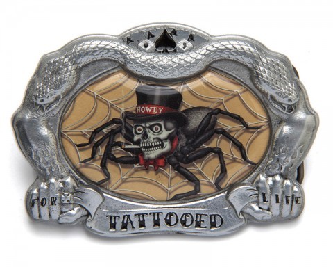 Rockabilly style belt buckle with drawn smoking skull-spider wearing a top hat