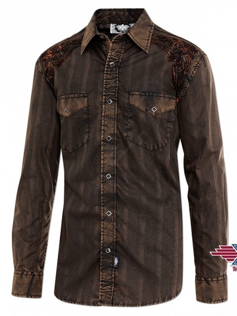 Camisa vaquera marrón para hombre efecto lavado con bordado en relieve
