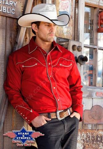 Mens plain red cowboy and rockabilly style shirt with light colour piping