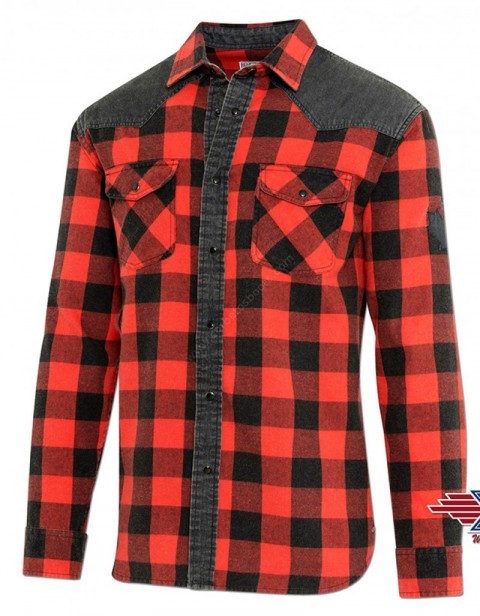 LUMBERJACK | Compra en nuestra tienda online esta camisa de franela para hombre Stars & Stripes a cuadros rojos y negros con detalles en denim.