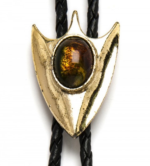 Golden look arrowhead bolo tie with amber stone