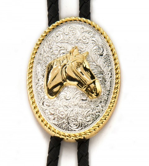 Oval western bolo tie with golden horse head