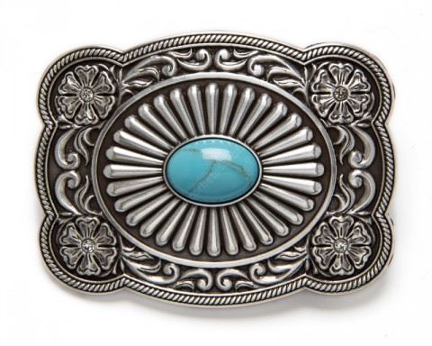Buy at our specialized cowboy online shop this antique silver belt buckle with a embedded blue stone, scrolled floral filigrees and rhinestones.
