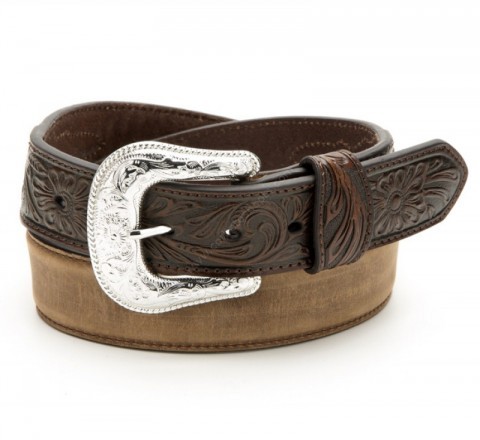 Unisex Nocona two-tone brown leather embossed cowboy belt with big buckle
