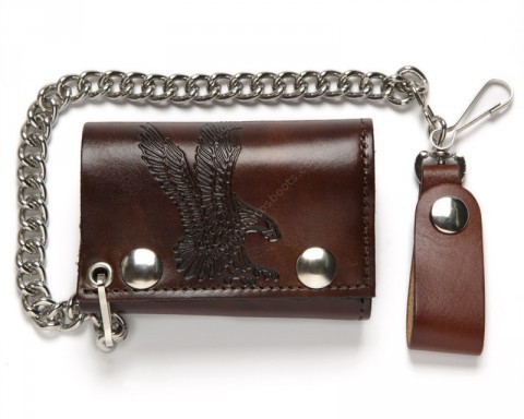 Small size brown leather chain wallet with tooled eagle