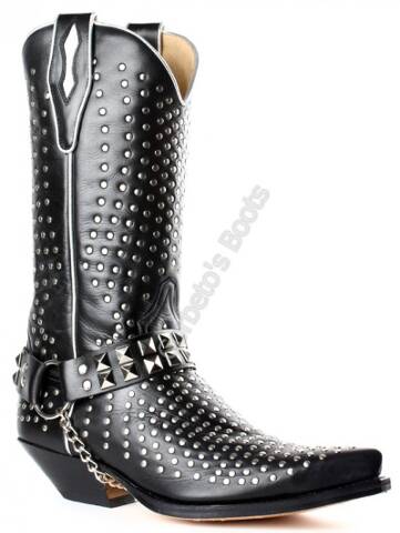 Sendra smooth black leather western rocker style boots with studs and matching straps