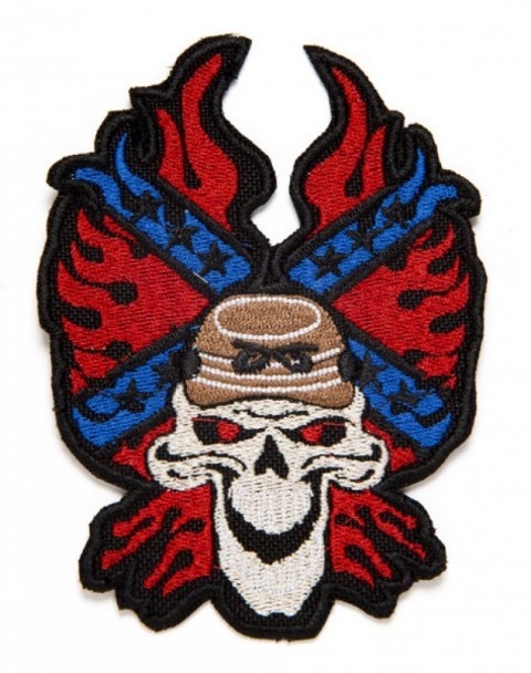 Rebel soldier skull burning in Confederate flames biker style clothing patch