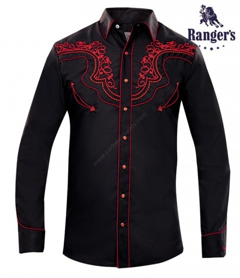 Camisa cowboy estilo rockabilly para hombre color negro con bordados rojos 