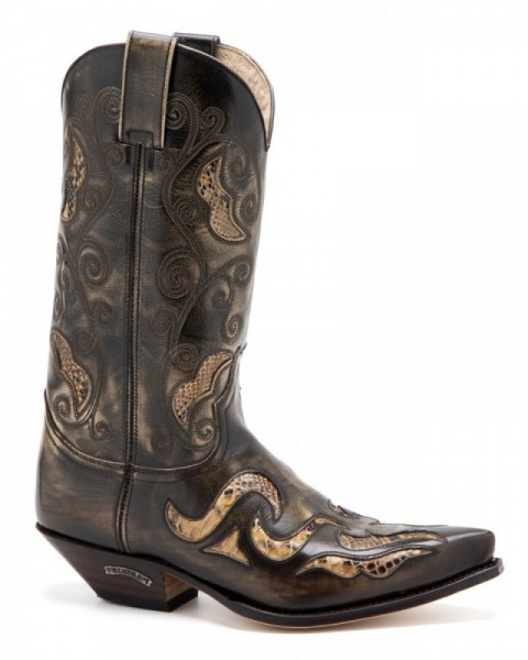 Bota cowboy para hombre Sendra Boots piel vacuno combinada con auténtica piel serpiente color panizo. Botas vaqueras de punta fina a la venta online