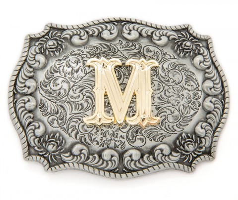 M letter distressed metal belt buckle with filigree engrave