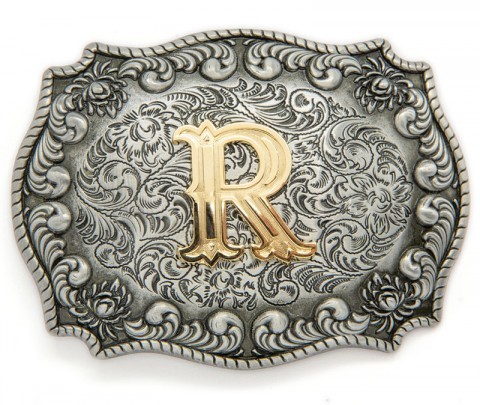 R initial unisex cowboy distressed metal belt buckle 