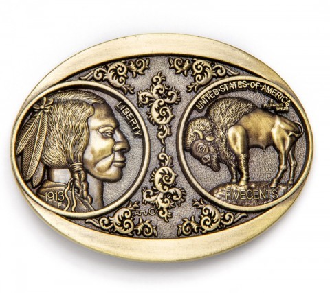 Hebilla ovalada dorada cinco centavos jefe nativo y búfalo