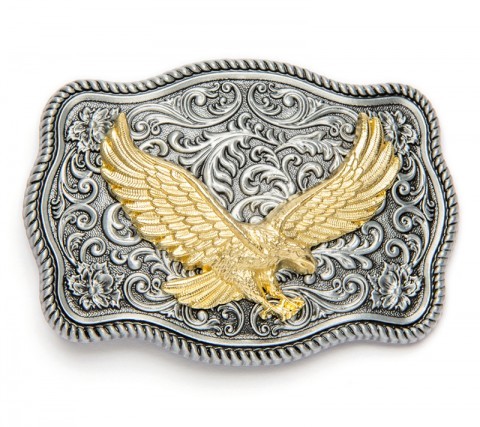 Golden eagle in relief belt buckle with antique filigree engraving