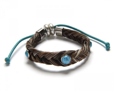 Brown braided horse hair wristband with turquoise colour accent beads